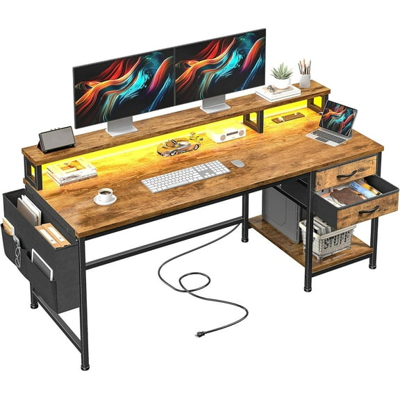55" Gaming Desk with LED Strip, Computer Desk with Drawers & Storage Bag, Office Desk with Power Outlets & Monitor Stand, Home Office Desks for Bedroom, Gaming Room, Rustic Brown