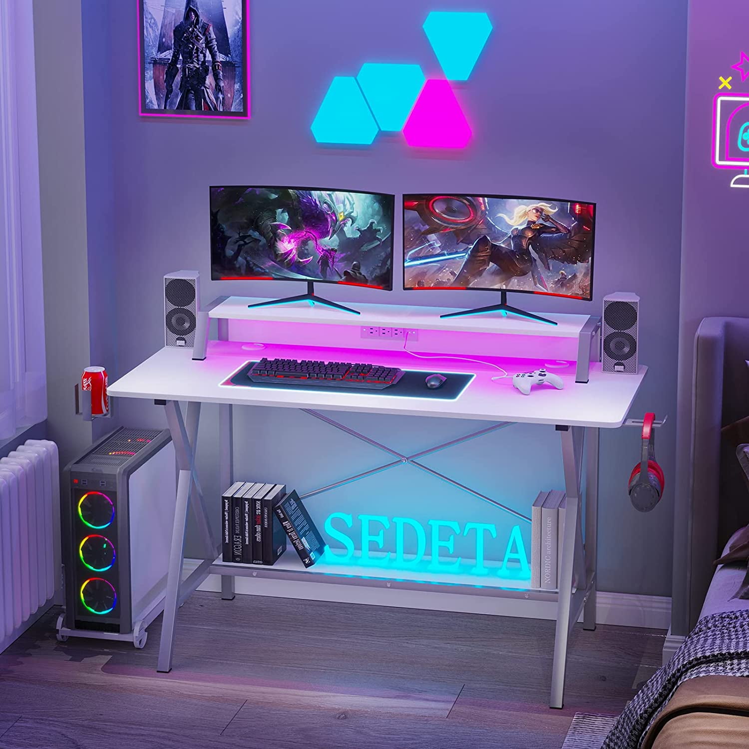 White Gaming Desk with LED Lights 78.8'' Computer Desk with Hutch & Monitor  Stand Ergonomic Home Office Desk Table for Bedroom Living Room 
