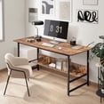 thumbnail image 1 of 55" Glossy Wood Computer Desk Adults Office Desk with Shelf Rustic Brown, 1 of 7