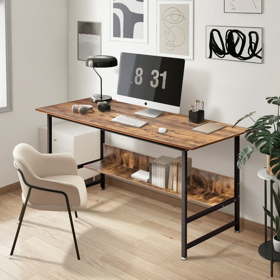 55" Glossy Wood Computer Desk Adults Office Desk with Shelf Rustic Brown