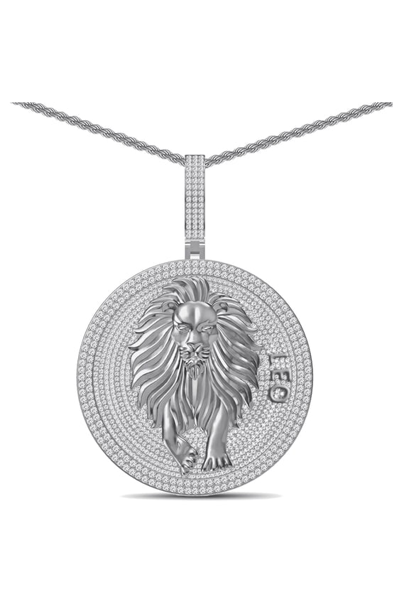 55+ Grams Big 2.80'' Real Silver Simulated Diamond 14K White Gold Finish Astrological Zodiac Birth Symbol Sign Leo Lion Charm Pendant + Free Chain