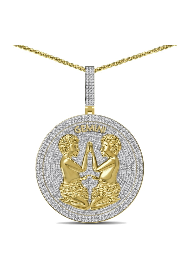 55+ Grams Big 2.80'' Real Silver Simulated Diamond 14K Yellow Gold On Astrological Zodiac Birth Symbol Sign Gemini Twins Charm Pendant + Free Chain