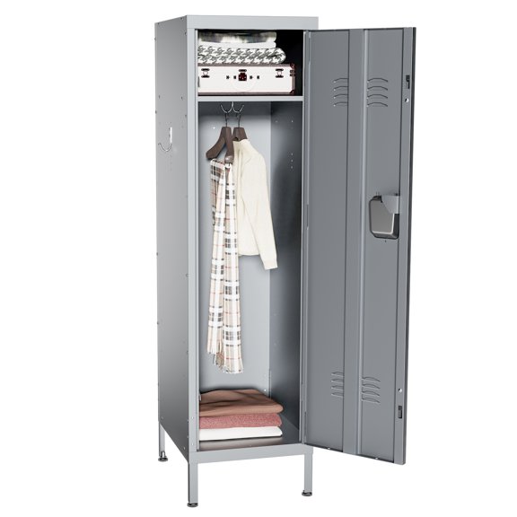 55"H Vertical Steel Storage Wardrobe Cabinet with Ventilated Door, Lock and Side Hooks, Gray