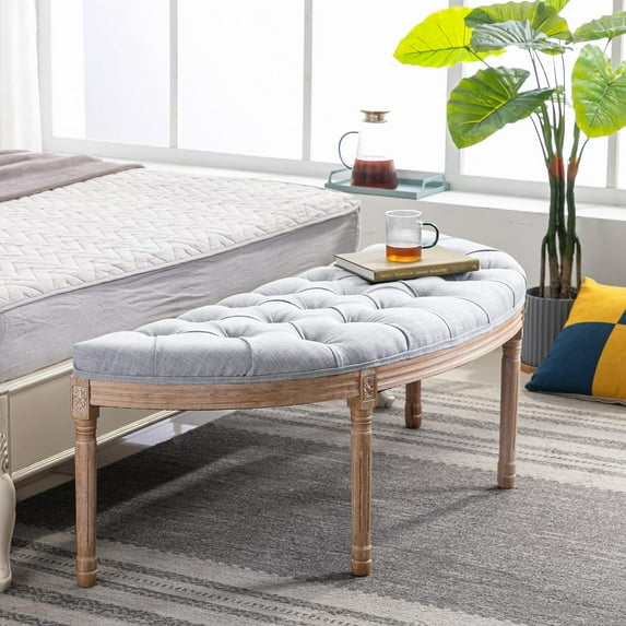 55" Halfmoon Entryway Bench Tufted Semi Circle Ottoman Bench Seat French Style Upholstered Bed End Bench for Foyer Mudroom Bedroom, Light Grey
