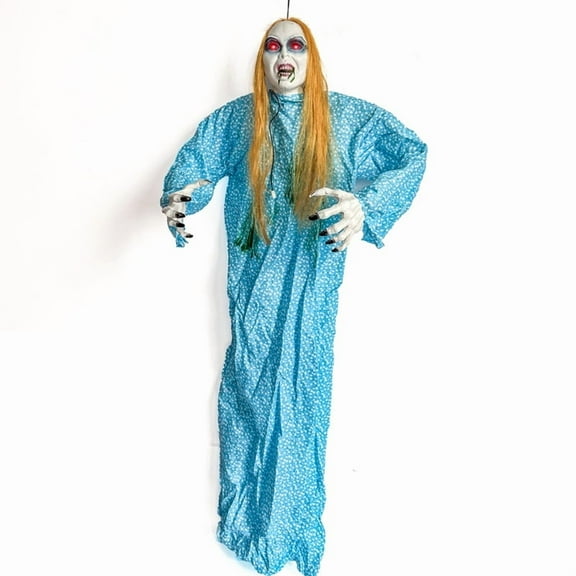 55" Halloween Women Ghost Props with Blue Dress,Halloween Hanging Dead Women Body with Glowing Red Eyes, Animated Ghost Lighted Up Scary Halloween Props for Indoor,Outdoor,Haunted House,Yard