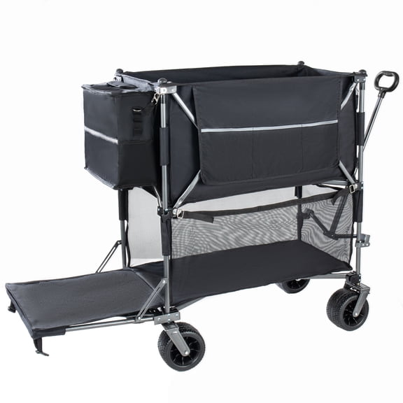 55" Heavy Duty Double-Layer Wagon, Black 560LBS Capacity, 650L Collapsible Cart with 7"×4" All-Terrain Wheels, for Sports/Camping/Fishing/Transport