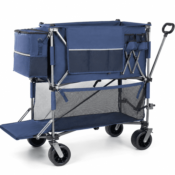 55" Heavy Duty Double-Layer Wagon with Brakes, 560lbs Capacity Double Decker Wagon, 650l Extra Large Collapsible Utility Cart, 7"X4" All-Terrain Wheels for Camping, Sports & Fishing, Blue