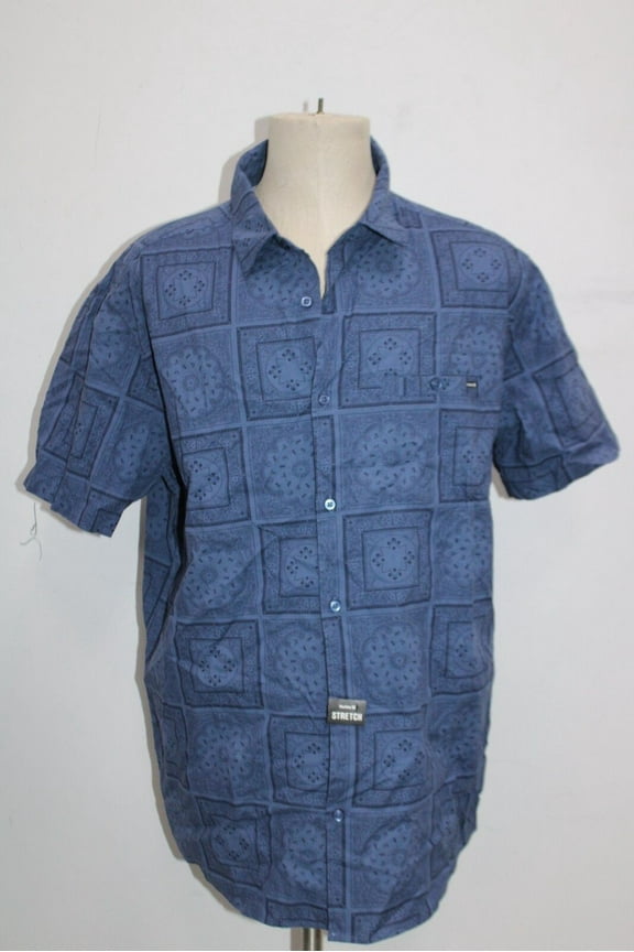 $55 Hurley Men's Short Sleeve Stretch Bandana Print Shirt Cotton, Navy, Size XL.