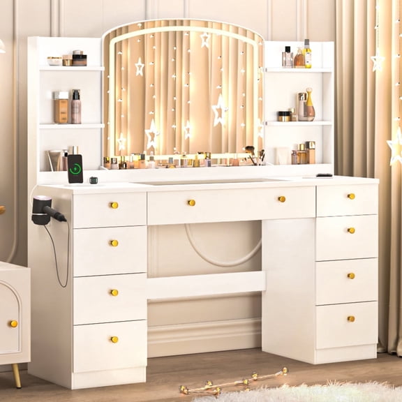JassmiPkwy 55 INCH Make Up Vanity Desk with LED Mirror, Glass Tabletop with Power Outlet, 9 Drawers, for Girls, Women, White