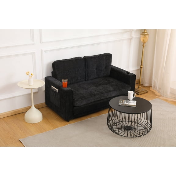55-Inch 3-Fold Sofa Bed with Easy Pull-Out Design, Space-Saving Convertible Futon, Velvet Linen Fabric, Side Storage Pouches, Plush Comfort for Small Living Rooms & Home Offices, Black