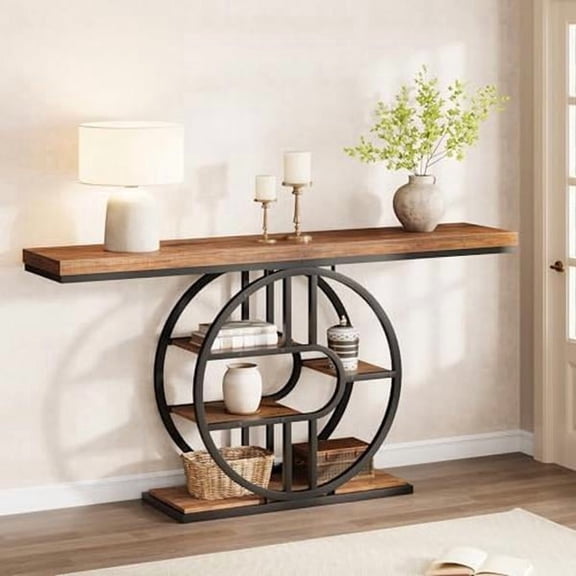 55 Inch 4-Tier Round Metal Frame Industrial Entryway Console Table