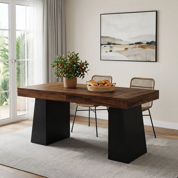 55-Inch Black & Brown Mid-Century Modern Dining Table, Rectangular Wood Table With Double Pedestal, Seats 4-6 For Dining Room, Kitchen & Home