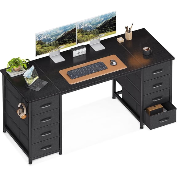 55 Inch Black Desk with 8 Fabric Drawers, Large Storage Computer Table for Home Office Workstation, Study and Gaming