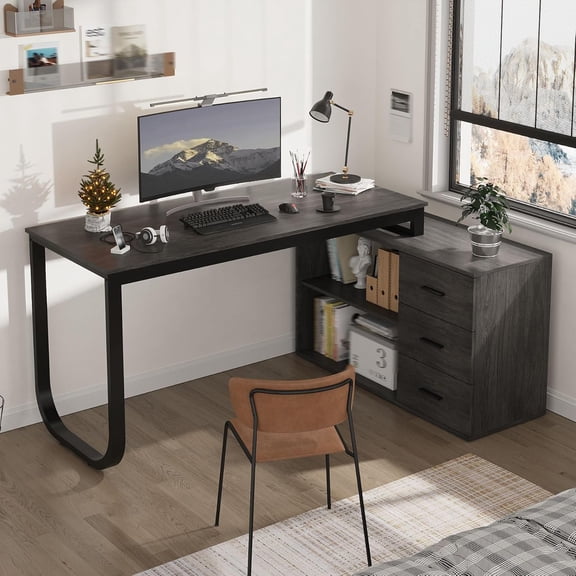 55 Inch Black Large L Shaped Office Computer Desk with Drawers, Reversible Long Corner Gaming Work Study Desk Table with Adjustable Shelves&Storage Drawers, for Home Office, Bedroom,Dark Gary