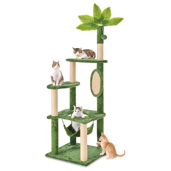 55 Inch Cat Tree Tower for Indoor Cats, Sisal Scratching Posts & Hammock, Plush Cat Furniture for Kittens & Adult Cats - Green Leaf Design