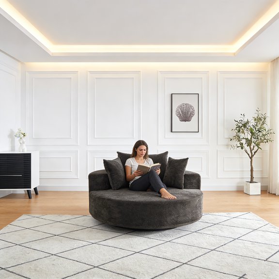 55-Inch Chenille Swivel Chair with 360-Degree Rotation, Fluffy Upholstered Single Sleeper Chair, Modern Lounge Seating for Living Room Bedroom Home Theater