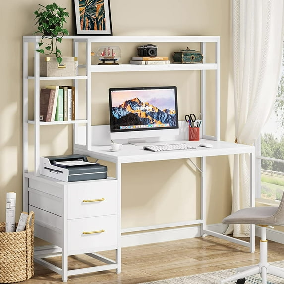 55 Inch Computer Desk with 2 Drawers and Storage Shelves, Wihite Office Desk with Hutch, Modern Study Writing Gaming Table Laptop Workstation for Home Office (White)