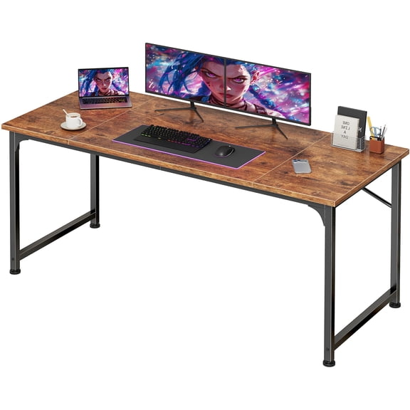 55 Inch Computer Desk, Home Office Desk with Spacious Desktop, Modern Gaming Desk, Writing Study Table for Bedroom, Small Spaces, Work from Home Desk with Metal Frame, Rustic Brown