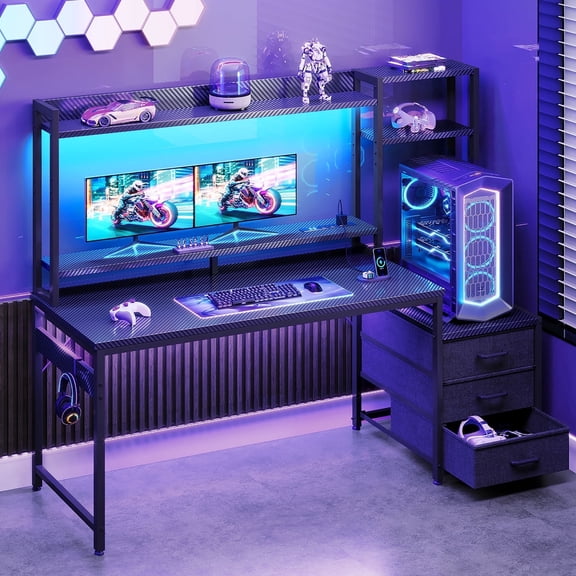 Casacomoda 55 inch Gaming Desk with LED Lights & Power Outlets, Home Office Desk with Reversible Storage Drawers & Monitor Shelves, Carbon Fiber Black