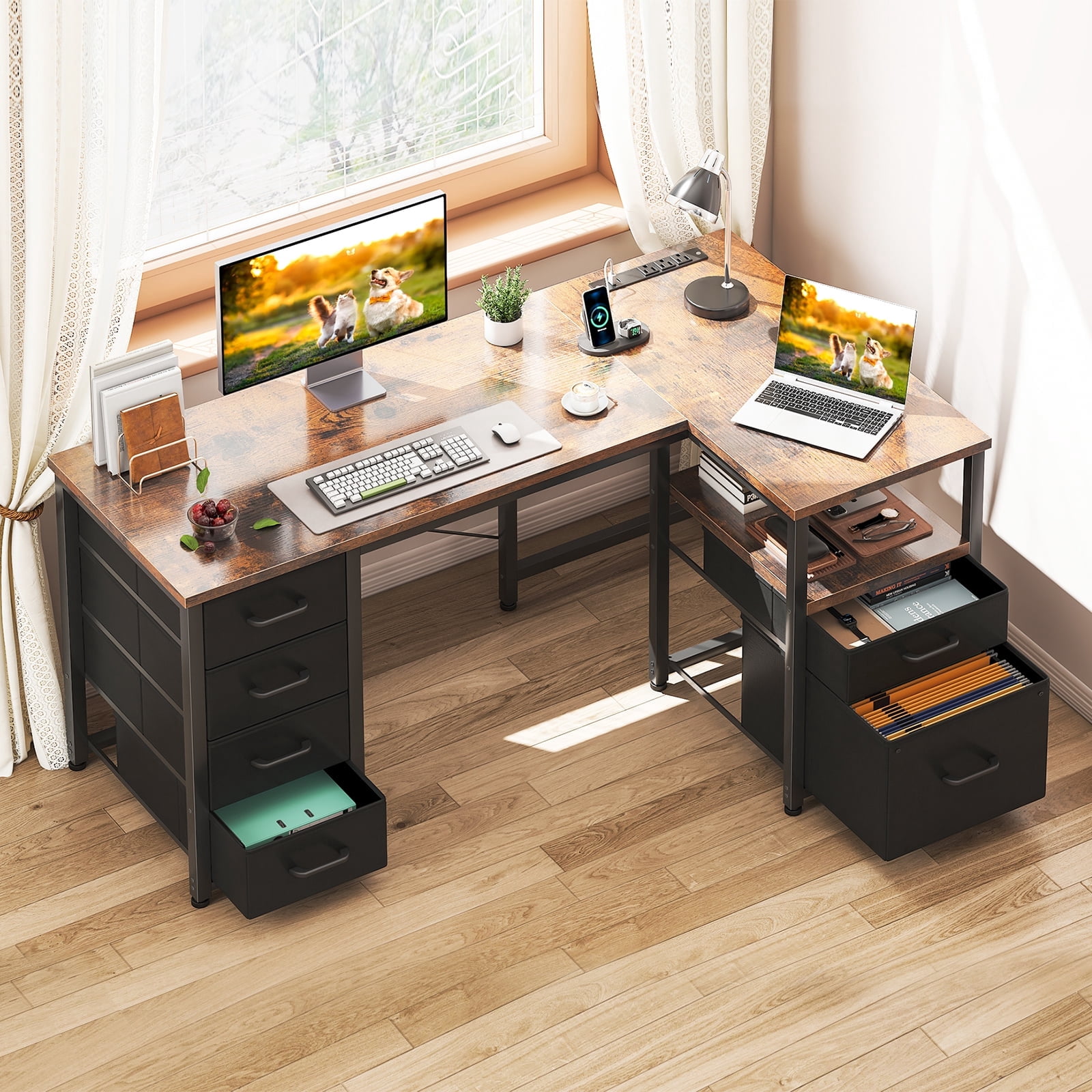 55 Inch Computer Desk with Filing Cabinet & Drawers, Office Desk with Storage Shelf & Power Outlets, Rustic Brown