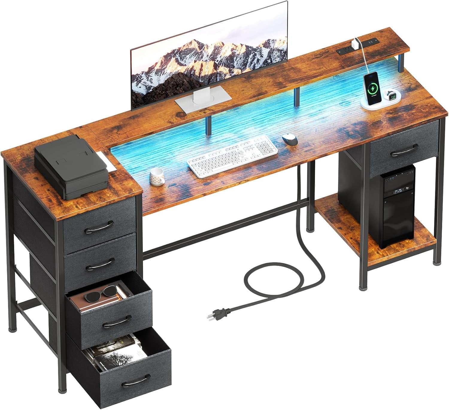 Rustic Plastic Computer 55 Inch Computer Gaming Desk with Power Outlets LED Lights, Reversible ...