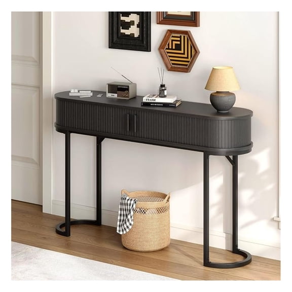55 Inch Console Table with 2 Drawers, Entryway Table with Sliding Door, Long Sofa Table Behind Couch w/Metal Leg, -Century Modern Console Table for Entryway, Hallway, Living Room,Black