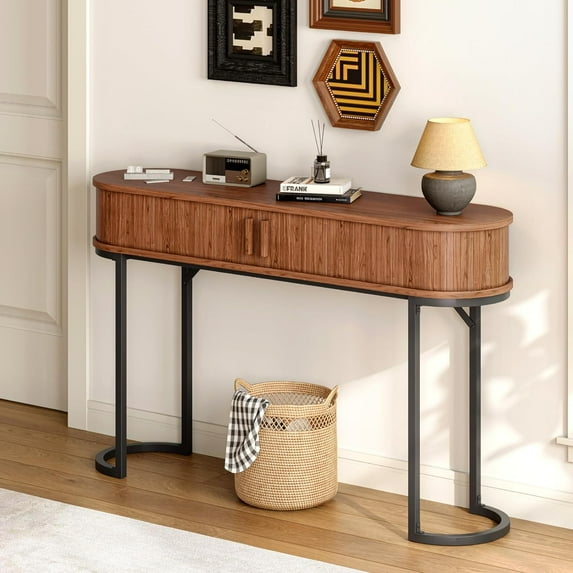 55 Inch Console Table with 2 Drawers, Entryway Table with Sliding Door, Long Sofa Table Behind Couch w/Metal Leg, Mid-Century Modern Console Table for Entryway, Hallway, Living Room, Walnut
