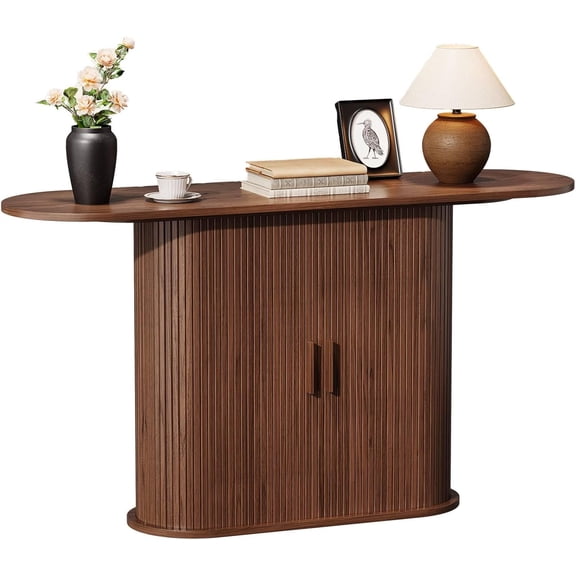 55 Inch Console Table with Storage, Fluted Entryway Tables with Sliding Doors, Sofa Table Behind The Couch, Hallway Tables, Mid-Century Modern Foyer Table for Entryway, Hallway, Living Room, Walnut