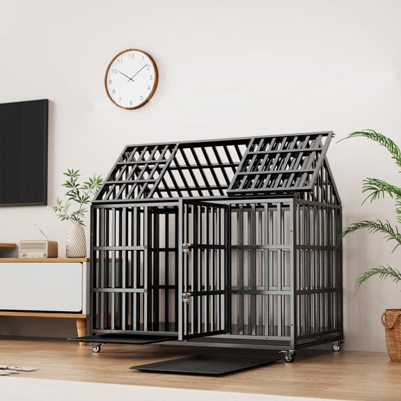55 Inch Dog Crate, Strong Carbon Steel Large Dog Kennel with Peaked Top, Dual Lockable Doors, 4 Lockable Wheels, Removable ABS Tray, Escape Proof Pet Cage for Large Dogs Indoor Outdoor