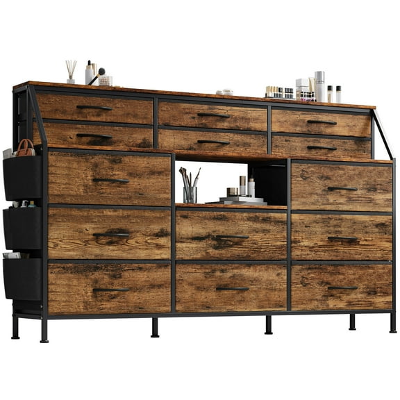 55 Inch Dresser with 14 Fabric Drawers and 2 Open Shelves, Extra Wide Storage Organizer with Steel Frame.