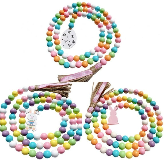 55 Inch Easter Wood Bead Garland Tassels, Easter Tassel Garland Farmhouse Rustic Wooden Beaded Garland with Jute Rope Plaid Tassel, Prayer Boho Natual Beads Wall Hanging Decor