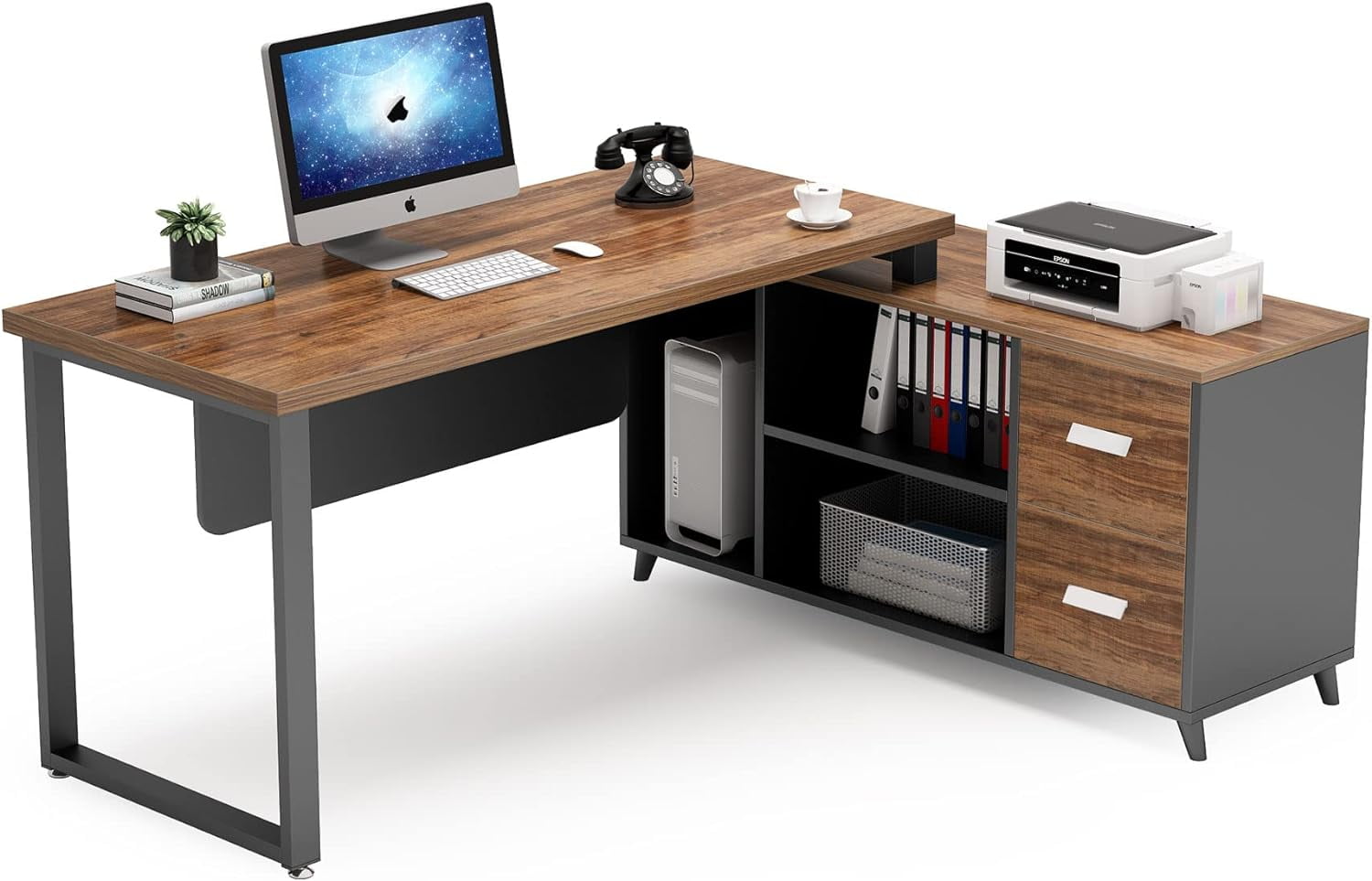 55 Inch Executive Office Desk, L Shaped Desk with 2 Drawers with