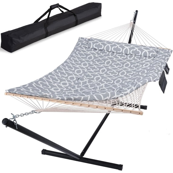 55 Inch Extra Large Double Hammock with Stand, 475lbs Capacity, Outdoor Portable Hammock with Hardwood Spreader Bar, Extra Large Pillow, Gray