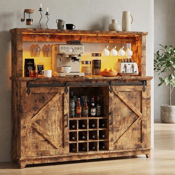 55 Inch Farmhouse Coffee Bar Cabinet, Sliding Barn Door Buffet Cabinet with Power Outlet, USB, LED Light, 12-Bottle Wine Rack & 2 Drawers, Brown