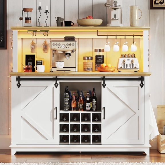 55 Inch Farmhouse Coffee Bar Cabinet, Sliding Barn Door Kitchen Hutch with Power Outlet, LED Light, Storage Drawers & 12 Wine Bottle Rack