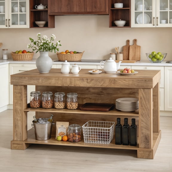 55 Inch Farmhouse Kitchen Island With 3 Tier Storage Spacious Worktop Stationary Wood Table Coffee Bar Serving Station For Home Kitchen Dining Room (Natural Brown)