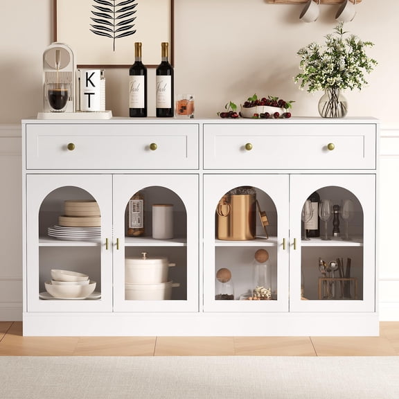 55 Inch Farmhouse Sideboard Buffet Cabinet, Glass Display Coffee Bar with 2 Drawers & Acrylic Doors for Kitchen Dining Living Room, White