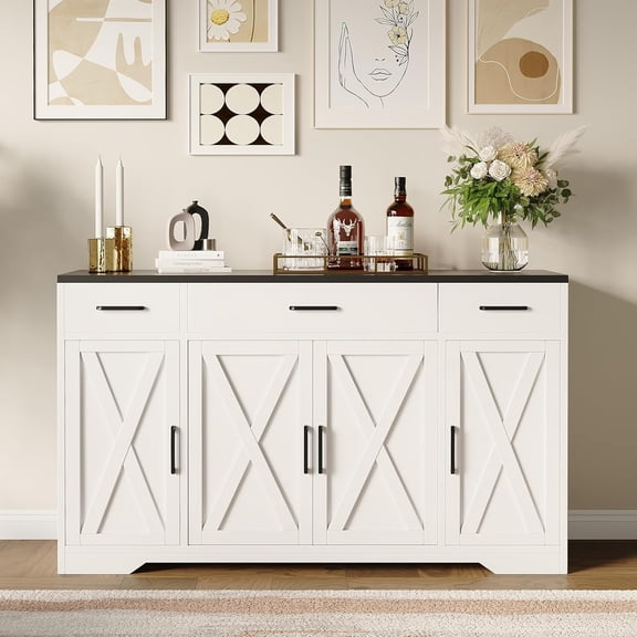 55 Inch Farmhouse Sideboard Buffet Cabinet with Storage & 3 Drawers & Barn Doors Large Modern Wood Coffee Bar Buffet Table, Dining Room Storage Cabinet for Dining Room-White and Black