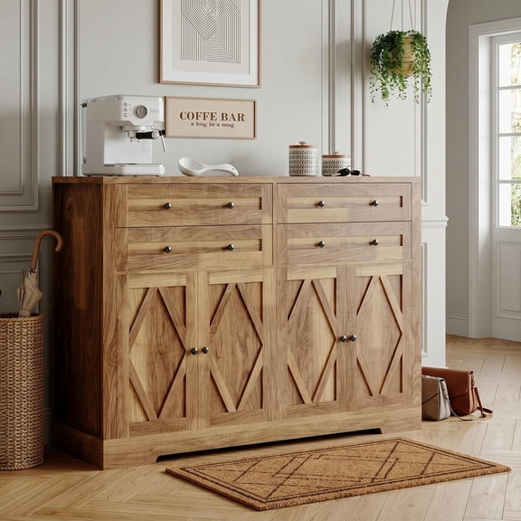 55-Inch Farmhouse Sideboard Buffet Cabinet with Storage, 4 Drawers and 4 Barn Doors, Wood Coffee Bar