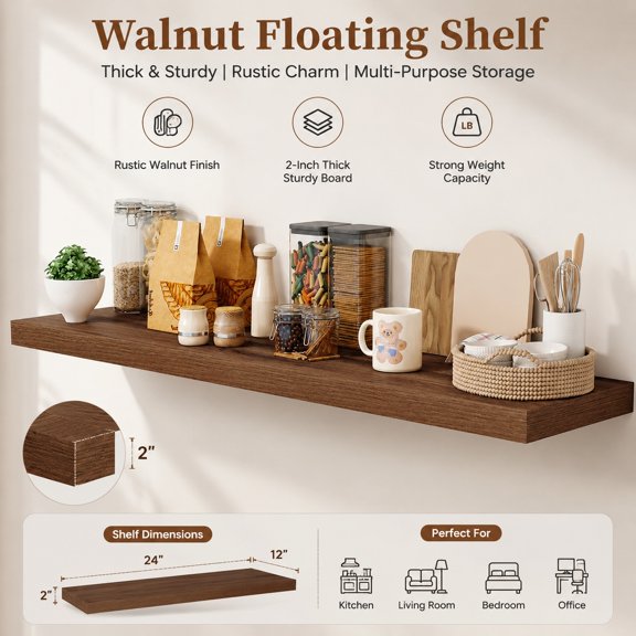 55 Inch Floating Shelves, 12 Inch Deep Rustic Wall Shelf for Fireplace Mantel, Large Display Shelf for Living Room, Bedroom, Kitchen, Walnut Finish, 1 Pack