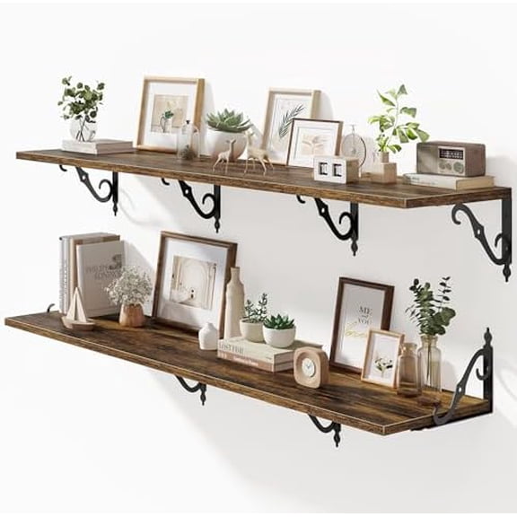55 Inch Floating Shelves, Long Floating Shelves Wall-Mounted, 12 Inch Deep Bookshelf with Bracket, 55" W x 12" D Shelves for Wall Display & Storage, Rustic Brown, Set of 2