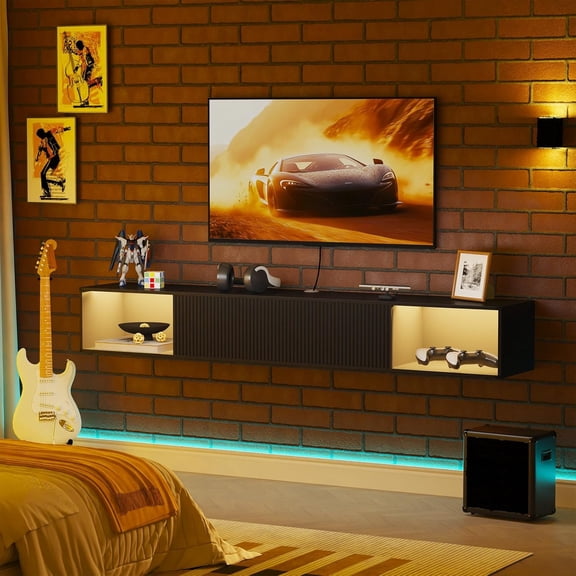 55 Inch Floating TV Stand with LED Lights and Storage for Living Room, Wall Mounted Entertainment Center in Black