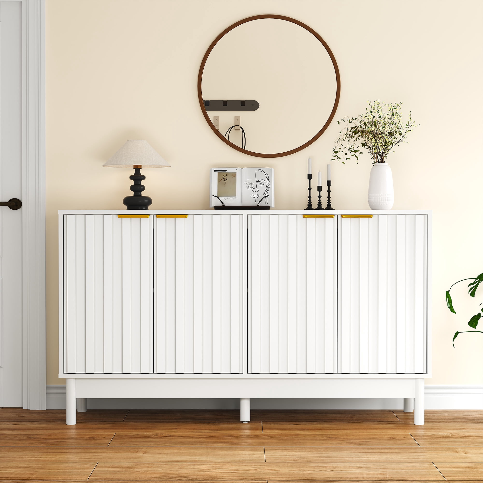55 Inch Fluted Door Buffet Cabinet, Modern Wood Sideboard Credenza with Edge Pull & Adjustable Shelves, Coffee Bar Storage Cabinet for Kitchen Dining Living Room