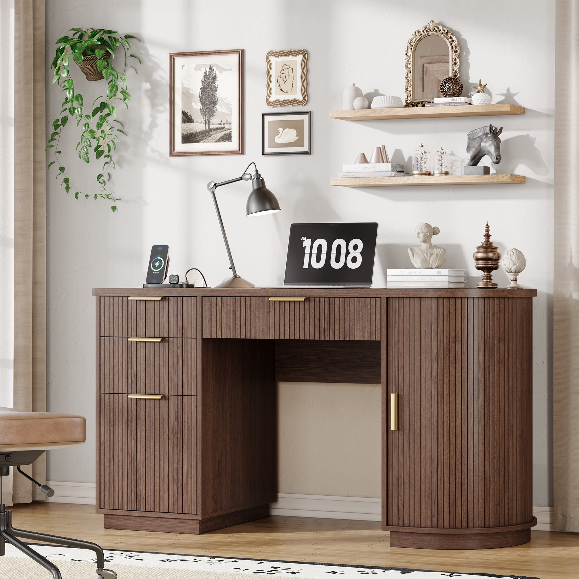 55 Inch Fluted Executive Desk, Mid Century Modern Home Office Desk with Drawers and Charging Station, Wood Computer Desk with File Drawer & Storage Cabinet, Walnut