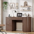 thumbnail image 1 of 55 Inch Fluted Executive Desk, Mid Century Modern Home Office Desk with Drawers and Charging Station, Wood Computer Desk with File Drawer & Storage Cabinet, Walnut, 1 of 9
