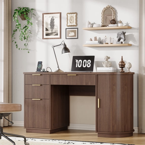 55 Inch Fluted Executive Desk, Mid Century Modern Home Office Desk with Drawers and Charging Station, Wood Computer Desk with File Drawer & Storage Cabinet, Walnut