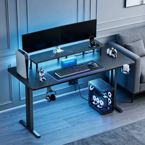 55 Inch Gaming Desk with 5 Sockets & LED Lights, Computer Gamer Desk with Monitor Stand, Ergonomic Carbon Fiber Gaming Table, Home Office Desk with Cup Holder, Headphone Hook & Mouse Pad