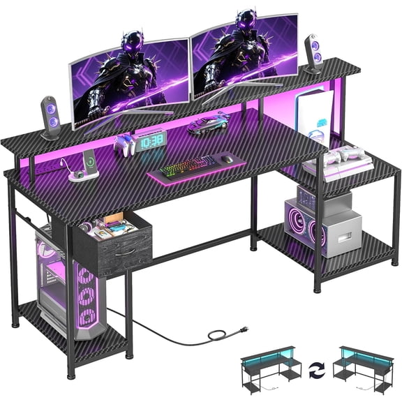 55" Inch Gaming Desk,Computer Desk with LED & Power Outlet,Office Desk with Printer Storage Shelves & Storage Drawer,Study Table with Monitor Shelf,Dorm Room Essentials,Black