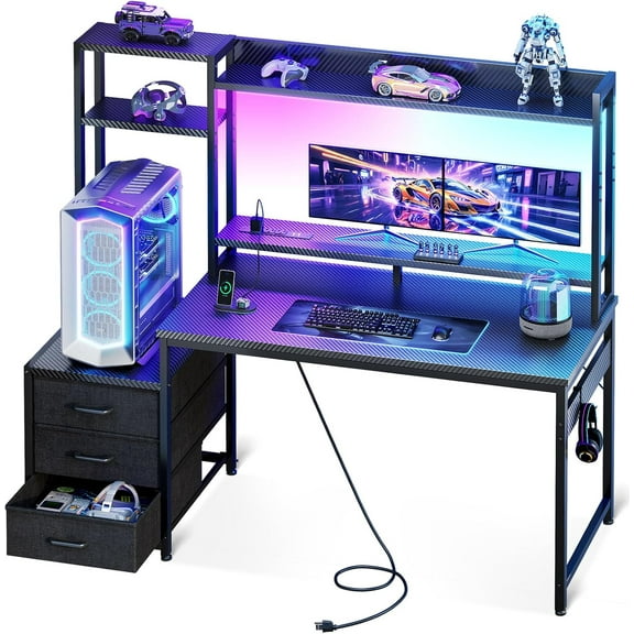 55 Inch Gaming Desk with Hutch & 3 Fabric Drawers, Computer Desk with USB Ports & LED Lights, Reversible Pc Gamer Table with Monitor Stand for Home Office, Carbon Fiber Black