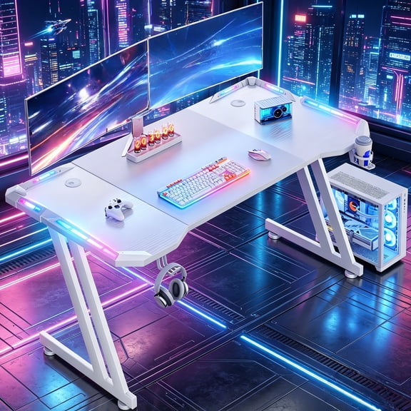 55 Inch Gaming Desk with LED Lights, Carbon Fiber Surface Gaming Table, Large Computer Desk, Ergonomic Home Office Desk, Z Shaped PC Gamer Workstation with Cup Holder & Headphone Hook, White